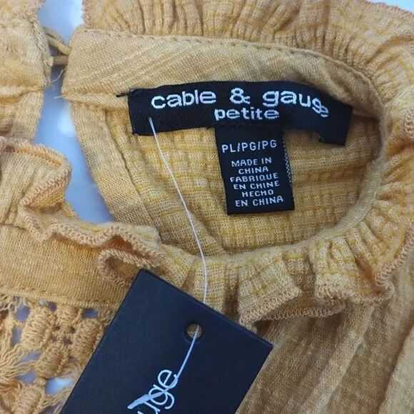Cable & Gauge Mustard Yellow Textured Crochet Keyhole Blouse LP NWT - Picture 13 of 16